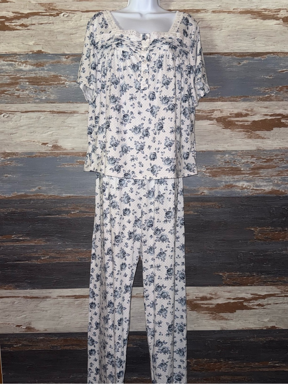 Catherine Malandrino white and Blue Floral Pajama Set pjs top pants plus size 1X
